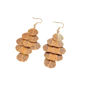 Elegant gold-tone irregular leaf tassel drop earrings with layered textured metal plates