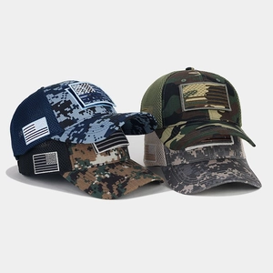 Detail view of tactical camo baseball caps with breathable mesh and flag velcro patches