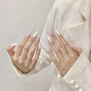Handmade almond press-on nails with pearl 3D relief and silver accents in pink white