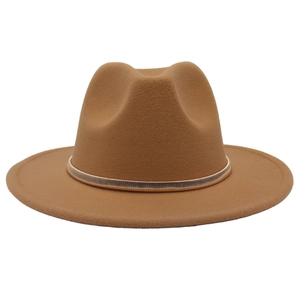 Classic camel wool fedora hat with gold metal band accessory on a white background