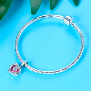 925 silver heart locket pendant on snake chain with pink enamel and crystals
