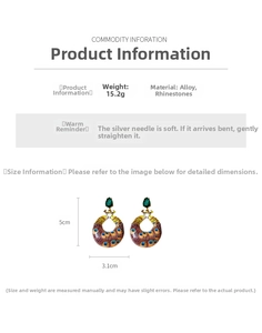 Detail view of colorful peacock earrings with blue enamel and green rhinestones