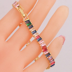 Fashionable double-row rainbow zircon bracelet with gold-plated rectangular crystals