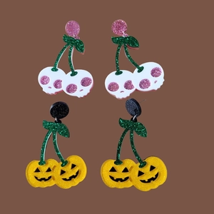 Halloween Pumpkin Skull Cherry Earrings Glitter Acrylic With Earring Post Funny Scary Festival Jewelry For Women
