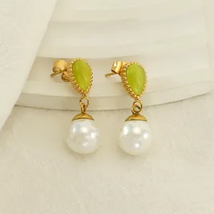 Boucles D'oreilles Pendantes Künstliche Perle Vintage Français Acier Inoxydable Plaqué Or 18K Pierre Oeil De Chat Vert Bijoux Femme