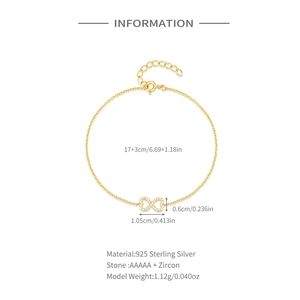 Detail showing infinity symbol gold bracelet with AAAAA zircon stones and 17+3cm dimensions