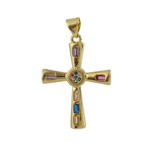 Detail of gold plated cross pendant featuring vibrant colorful square and round gemstones