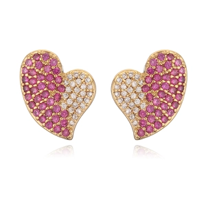 Boucles d'oreilles cœur plaquées or 18 carats avec pavé de zircons rose et blanc