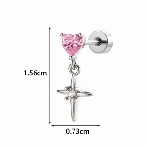 Titanium steel cross star stud earring with pink heart gem and size dimensions