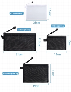 Detailed overview of mesh storage bags in multiple sizes including A5, A6, B6, and B8 formats