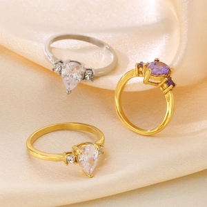 Stainless Steel Teardrop Rhinestone Ring For Women Pear Cut Purple White Stone Inlaid Geometric Fashion Jewelry Ring Gift