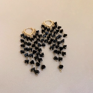 Long Tassel Ear Buckle Earrings With Silver Earring Post Copper Black Crystal Geometric Goth Dark Style For Women Fashion