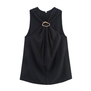 Damen Halter Tank Top Ärmelloses Hemd Mit Goldener Metallschnalle Plissiert Minimalistisch Schlanke Passform Elegant