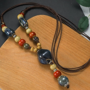 Handmade Ceramic Beaded Long Necklace Vintage Ethnic Style Woven Rope Sweater Chain For Women Multi-Color Jewelry