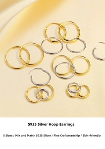 Detailed view of silver and gold S925 sterling silver hoop earrings in five sizes