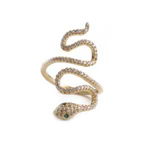 Detailed close-up of golden snake ring with zircon inlay and green gemstone eyes