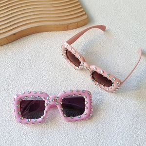Kids oversized square sunglasses with colorful rhinestones in pink and purple