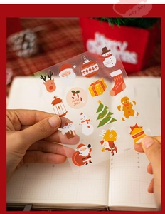 Close-up of transparent PET Christmas stickers featuring hand-drawn Santa and reindeer