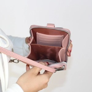 Borsa rosa in pelle PU per cellulare da donna con fessure per carte e cinturino da polso