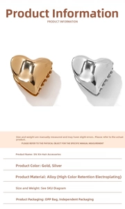 Detail view of gold and silver alloy heart hair claws with high color retention plating