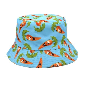 Detailed close-up showing vibrant carrot prints on a breathable light blue bucket hat