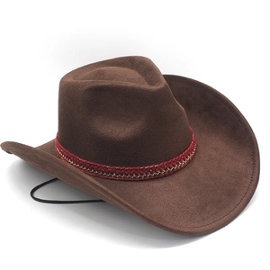 Detail eines dunkelbraunen Wildleder-Cowboyhuts mit rot-goldener Borte und Kordel