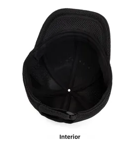 Internal view of a black mesh baseball cap showing breathable structure and reinforced seams