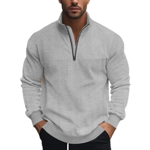 Men's retro grey half-zip knitted sweater with vintage cable knit patterns and high collar