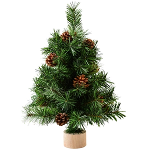Nordic mini artificial Christmas tree with pine cones and a wooden base on white background