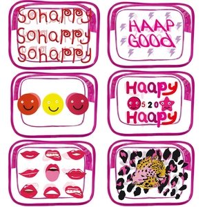 Collage of six clear PVC makeup bags featuring colorful patterns and pink zipper trims