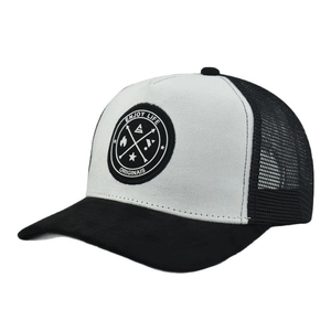 Black and white mesh baseball cap with circular Enjoy Life embroidery at a 45-degree angle