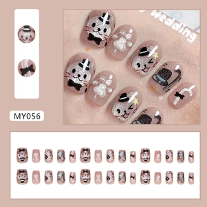 Unghie finte carine a tema gatto con glitter argento e impronte rosa, set da 24 pezzi