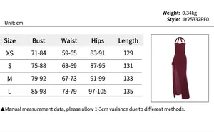 Detailed size chart for the halter neck side slit dress including XS to L measurements