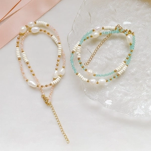 Baroque pearl necklace with pink and green gemstones and titanium steel gold chain
