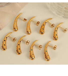 Detailed flat lay of teardrop 18K gold plated earrings with colorful zircon stones