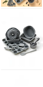 Macro detail of 18-piece gray food-grade silicone baking set showing various molds