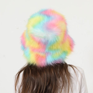 Rear view of a fluffy rainbow faux fur bucket hat with soft plush texture in vibrant colors