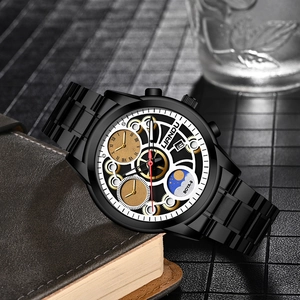 Detail of black quartz watch with moon phase dial and visible gears on mesh background