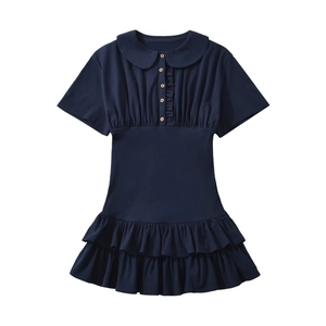 Robe courte bleu marine à col Claudine et ourlet à volants multicouches