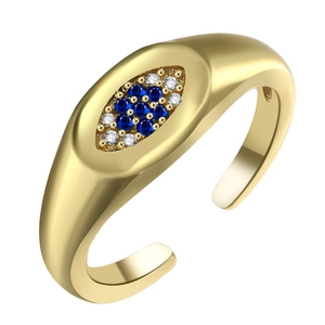 Gold plated evil eye open ring with blue and white zircons in marquise shape