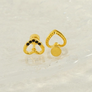 Elegant gold heart stud earrings with black diamonds and secure screw back closure