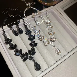Rhinestone Wheat Waterdrop Pendant Necklace And Earrings Jewelry Set Copper Plated Clavicle Chain For Women Party Gift