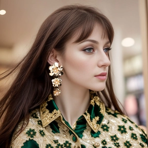 Elegant triple gold flower petal drop earrings with pearl center worn by a model