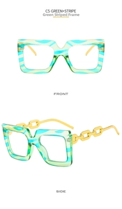 Detailed views of square green striped frames with decorative gold chain-link temples