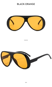 Front and side views of large frame cycling sunglasses with black frame and orange lens
