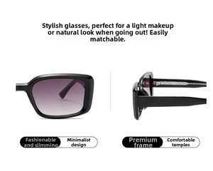 Detail view of glossy black square sunglasses frame with comfortable temple construction