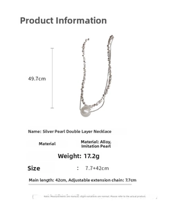 Detailed view of silver-toned double layer necklace with dimensions and pearl accents