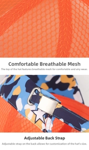Close-up of breathable orange honeycomb mesh and camo adjustable strap on a kids baseball cap