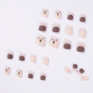 Chocolate brown bear matte short press-on nails set with cute cartoon patterns