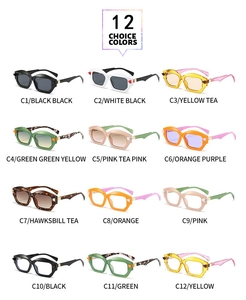 Matrix display of twelve colorful retro small frame sunglasses in 12 choice colors